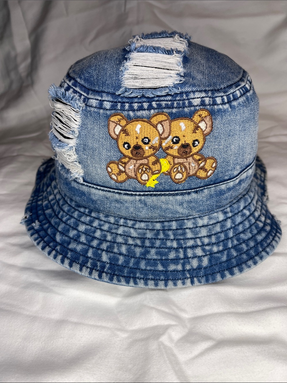 Unisex Distressed Denim Blue Bucket Hat